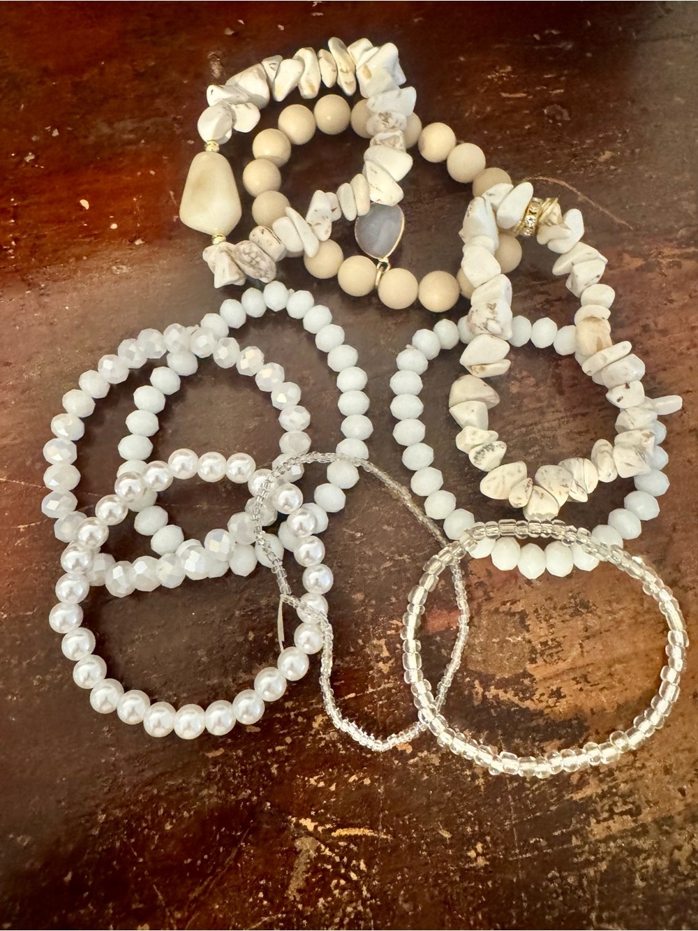 Set of 9- White Stone & Bead Stretch Bracelet Set - Women Jewelry